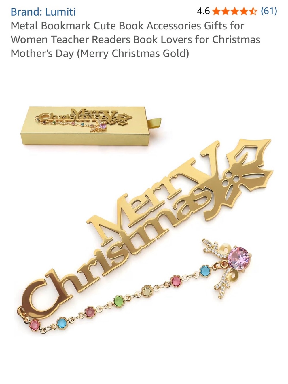 Gold 'Merry Christmas' Decorative Metal Bookmark with Multicolor Gems